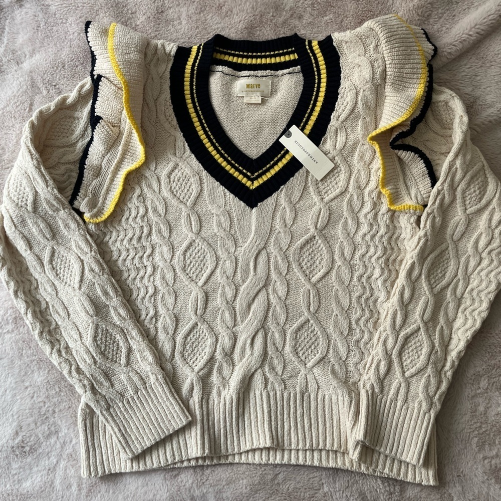 NWT Anthropologie Maeve Ruffle V-Neck Cable Sweater Size M - Picture 2 of 13